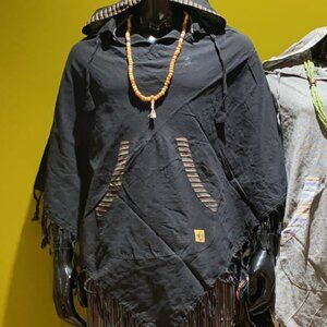 Cotton Diamond-Cut Front Pocket Hoodie Poncho - Solid (Black)